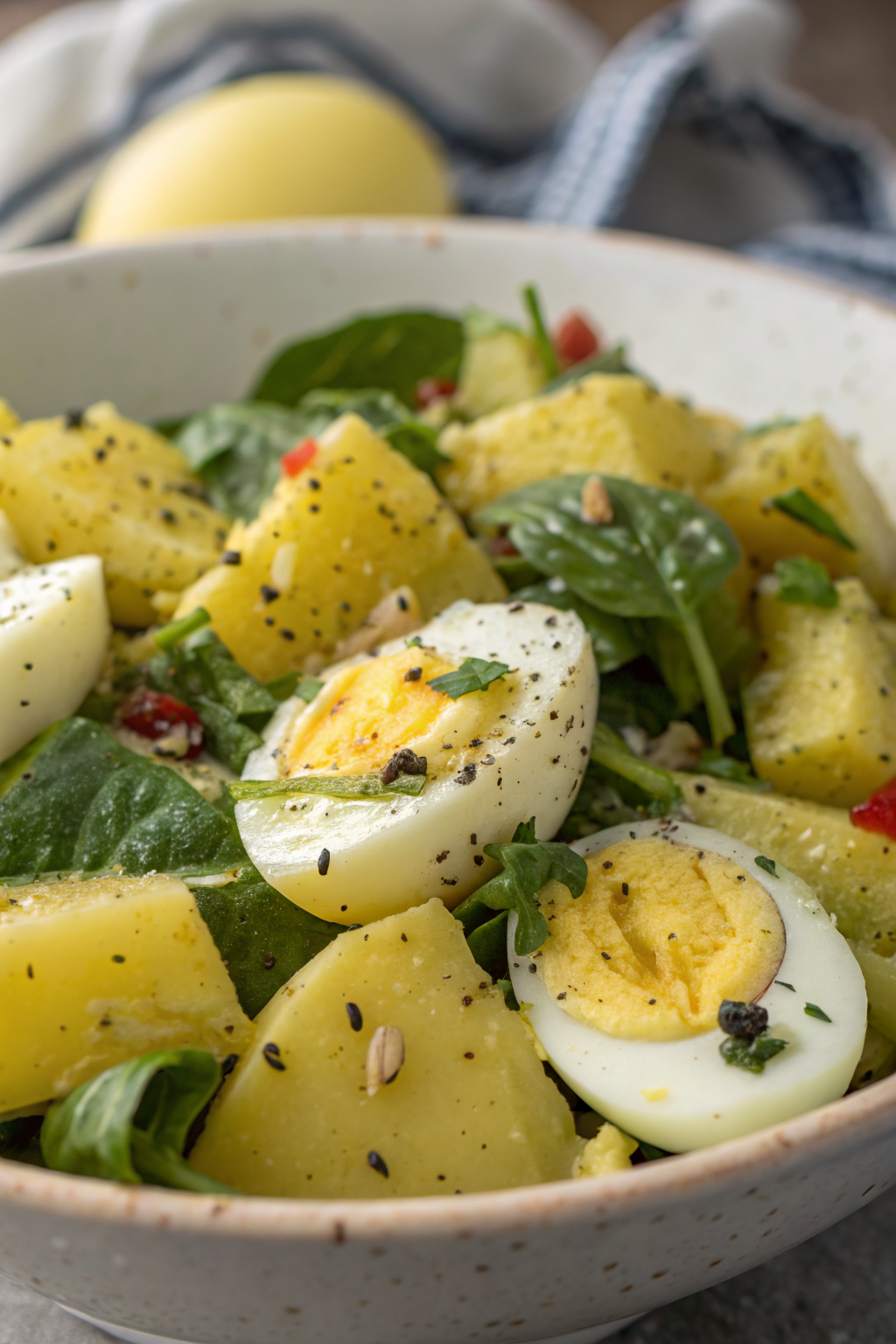 Garlic Roasted Potato Spinach Salad with Eggs