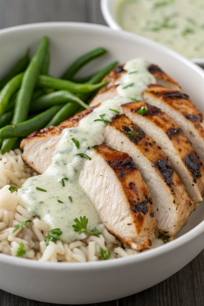 Creamy Herb Chicken with Green Beans Steamed Rice