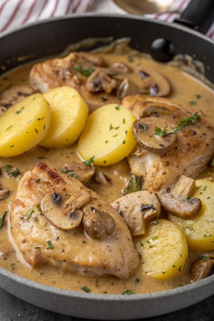 Herb Roasted Chicken in Creamy White Sauce with Mushroom and Potatoes
