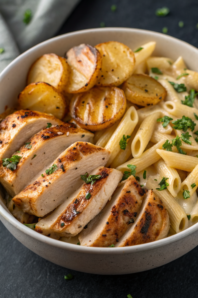 Loaded Herb Grilled Chicken with Creamy Pesto Pasta Roasted Potatoes