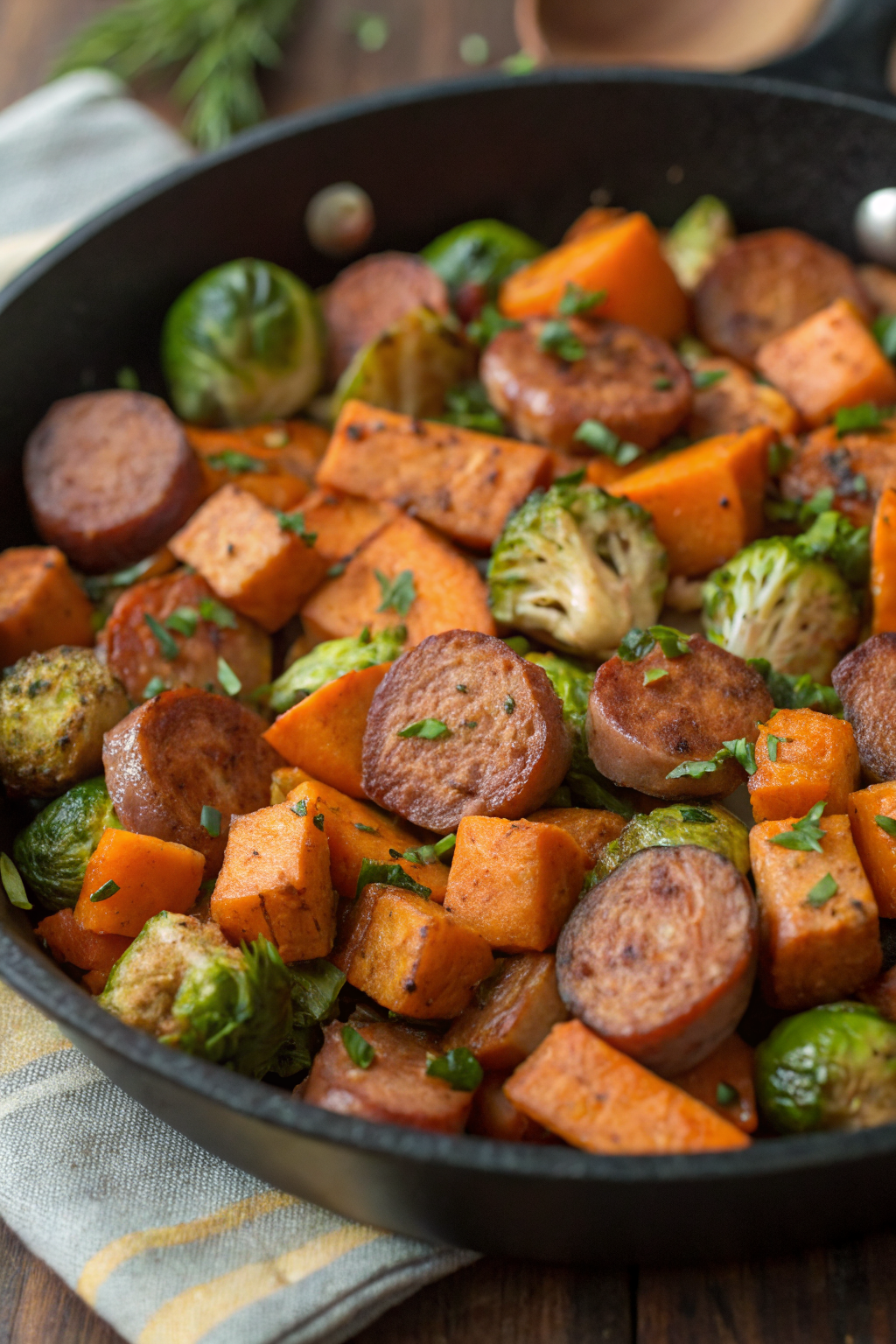 Sausage Veggies Skillet with Butternut Squash Brussels Sprouts.