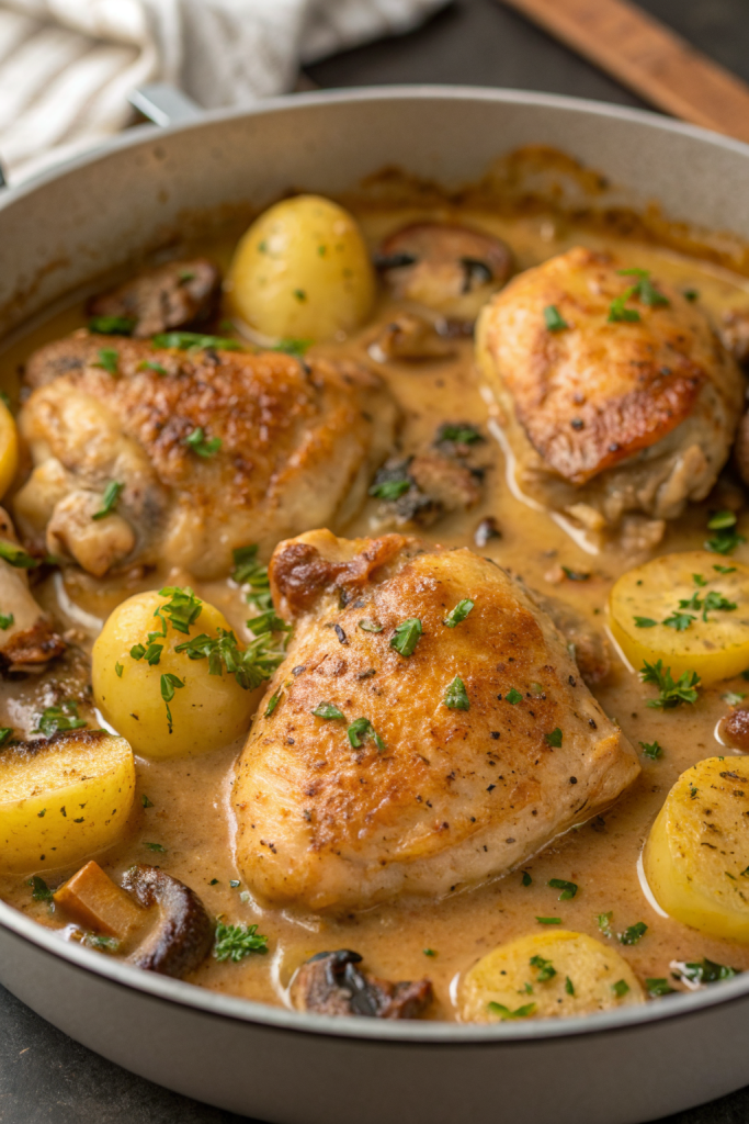Herb Roasted Chicken in Creamy White Sauce with Mushroom Potatoes