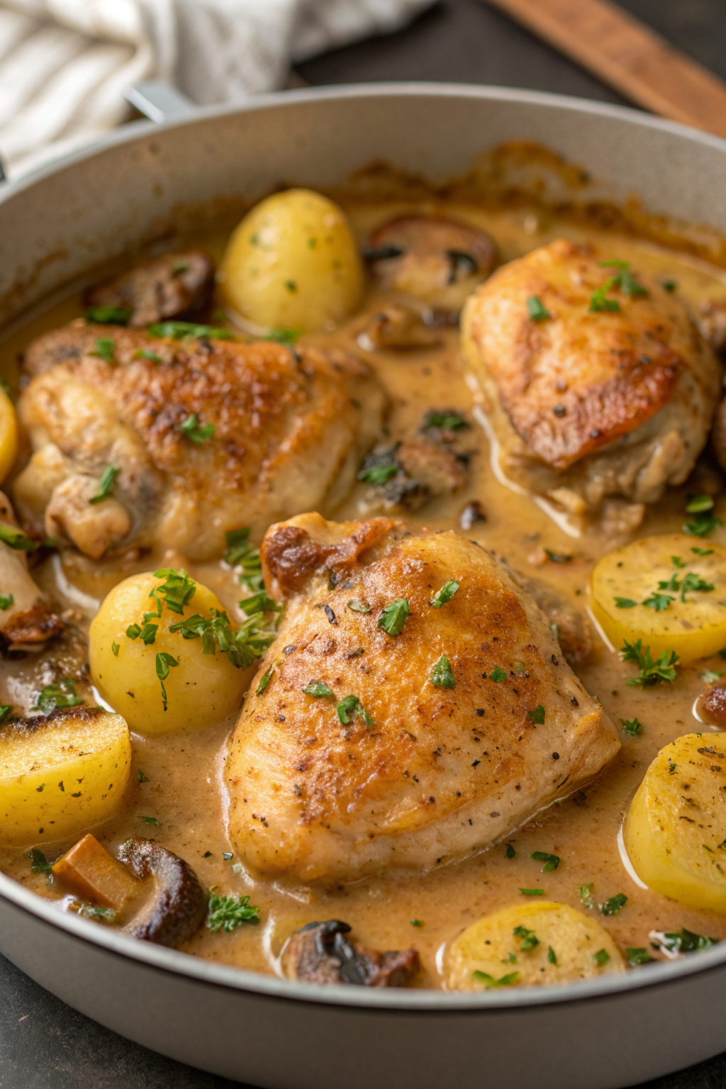 Herb Roasted Chicken in Creamy White Sauce with Mushroom Potatoes