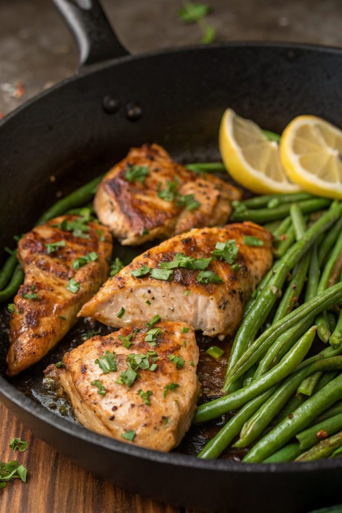 Lemon Garlic Butter Chicken Thighs with Green Beans Skille