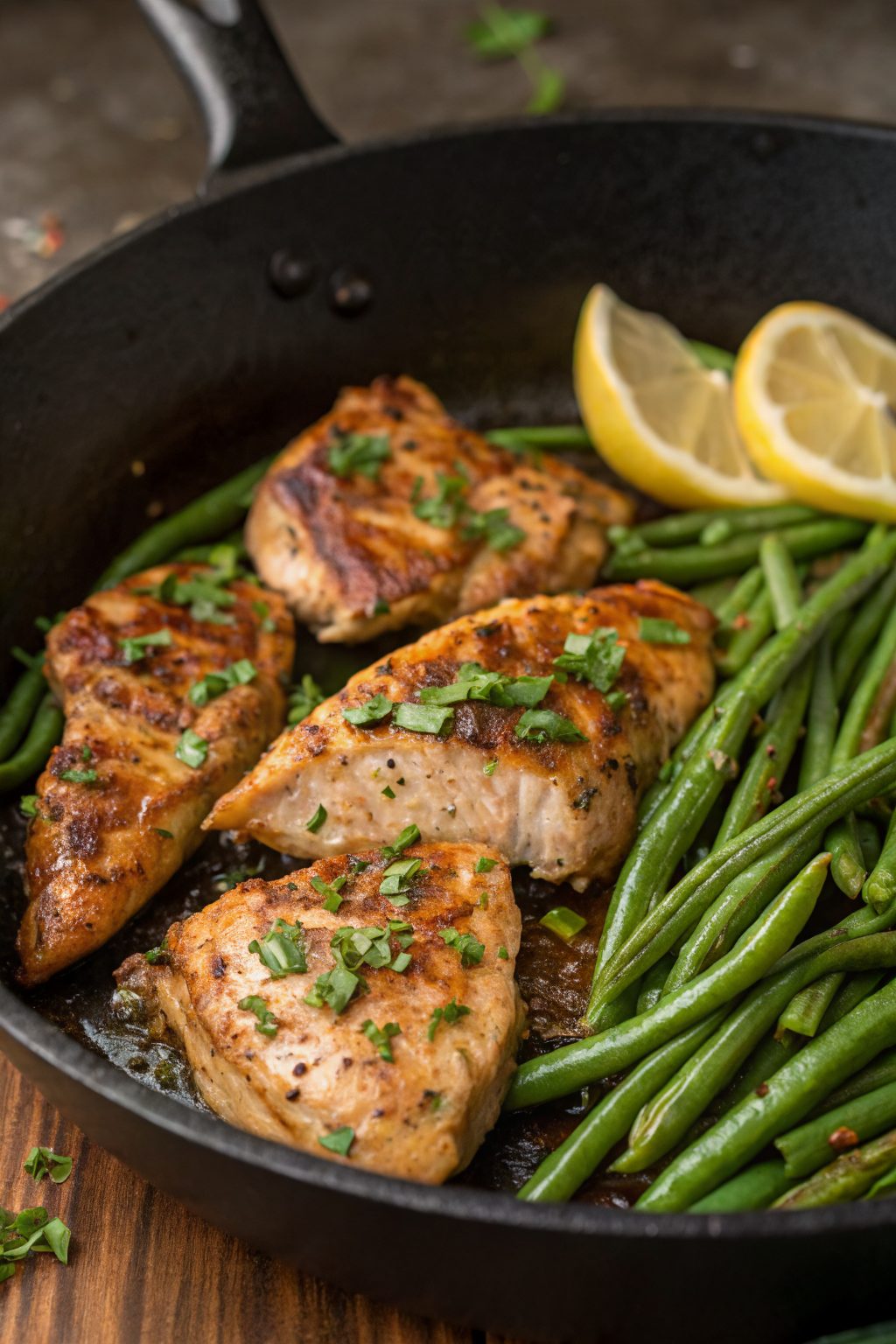 Lemon Garlic Butter Chicken Thighs with Green Beans Skille