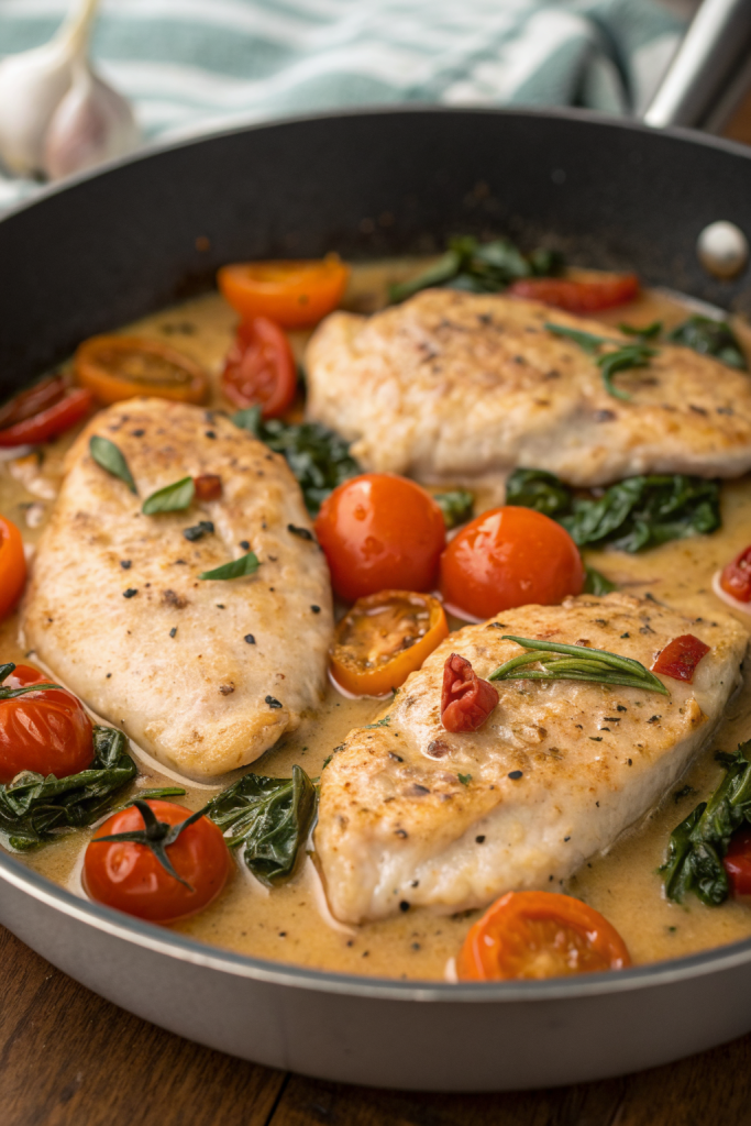 Creamy Pesto Chicken with Roasted Tomatoes & Spinach