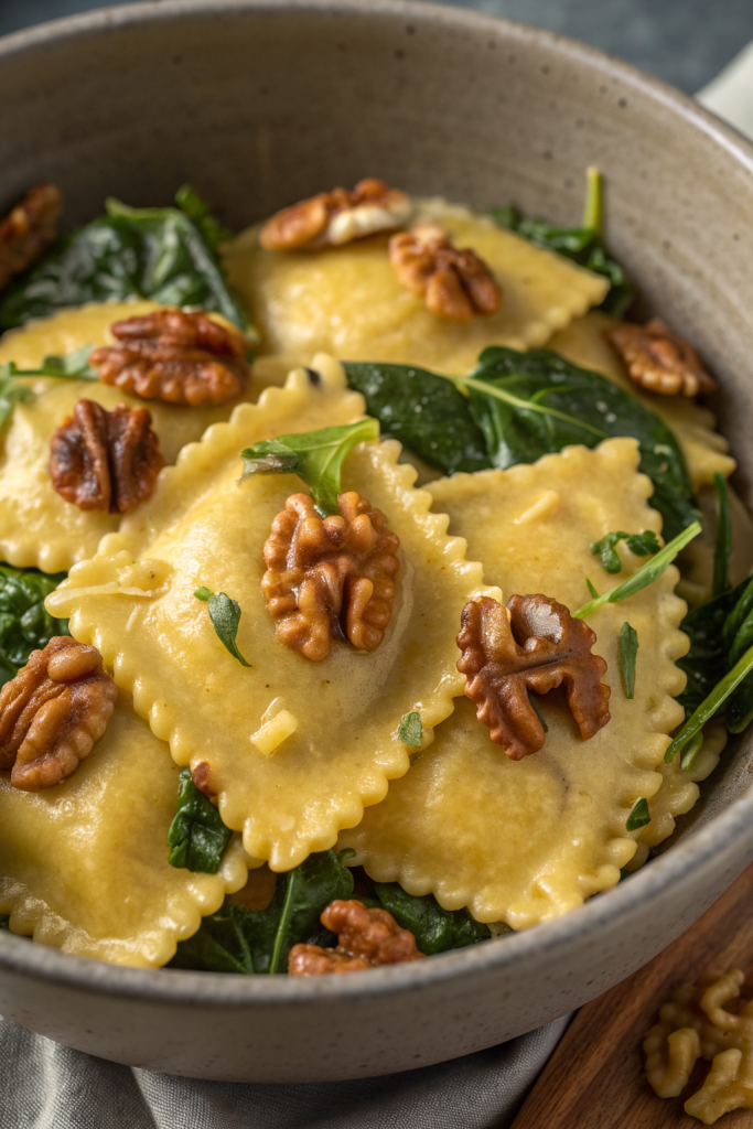 Pumpkin Pasta with Toasted Walnuts and Spinach